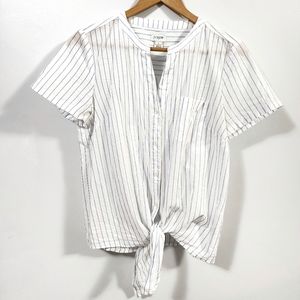 J Crew Factory White and Light Blue Tie Front V- Neck Cotton Button Blouse